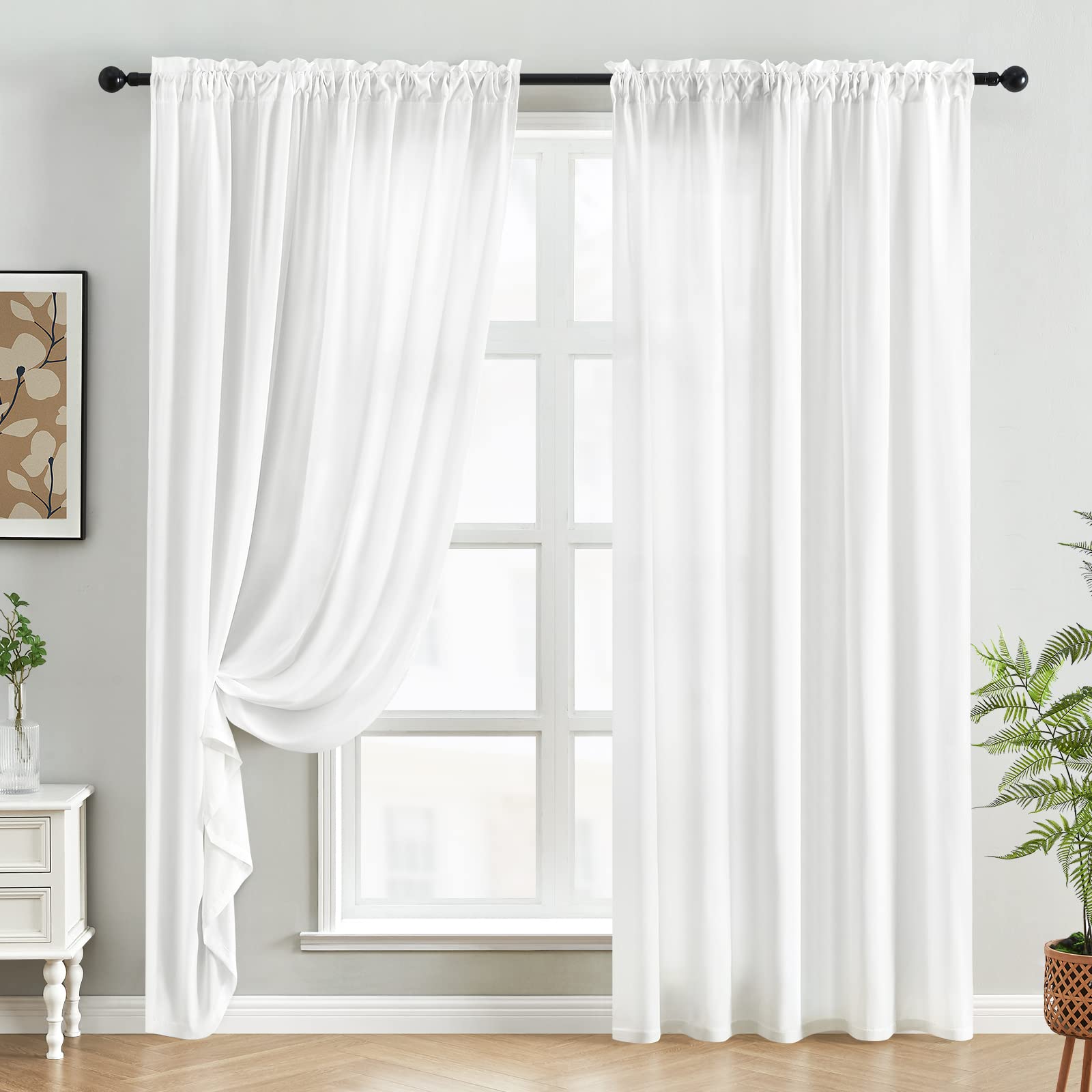 Homeideas Non-See-Through White Privacy Sheer Curtains, 52 X 96 Inches Long 2 Panels Sheer Curtains Light Filtering Window Drapes For Bedroom Living Room